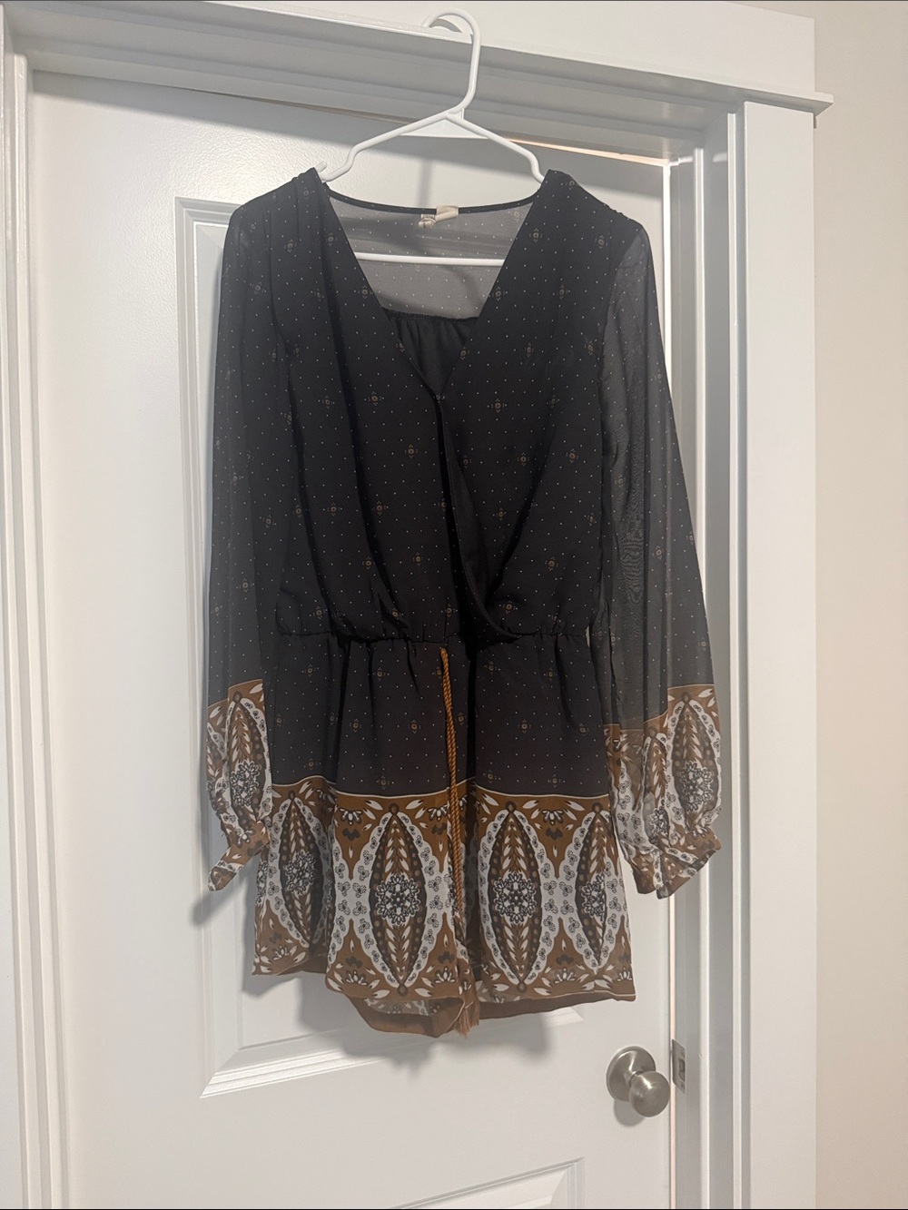 Japna navy blue and Brown Printed Long-Sleeve Dress